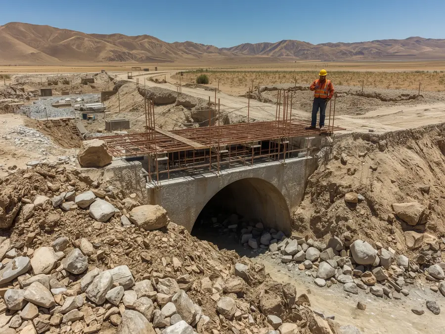 Acceso vehicular con alcantarilla de cajón en construcción hacia un predio rural