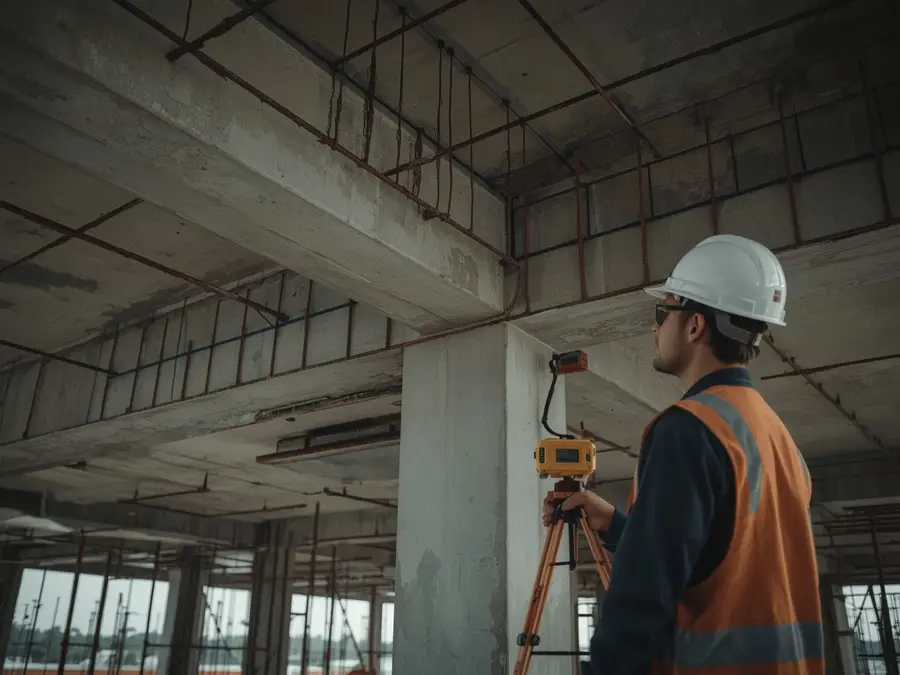 Profesional en obra revisando una estructura de hormigón con instrumento topográfico