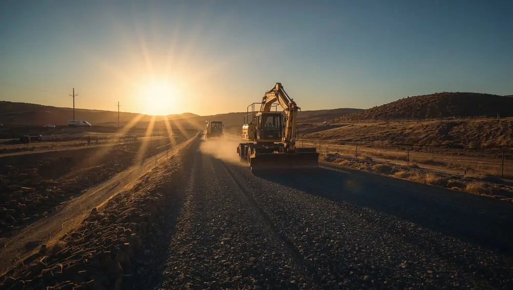Maquinaria de movimiento de tierras trabajando en un camino al atardecer